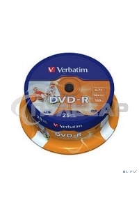 Диск DVD-R Verbatim 4.7Gb 16x Cake Box (25шт) Printable (43538)