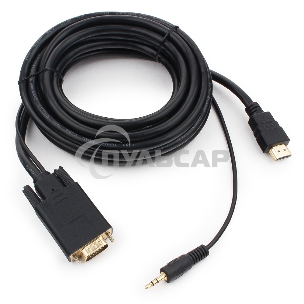 Кабель HDMI->VGA Cablexpert A-HDMI-VGA-03-5M, 19M/15M + 3.5Jack, медь, позол.разъемы, 5м, черный, пакет