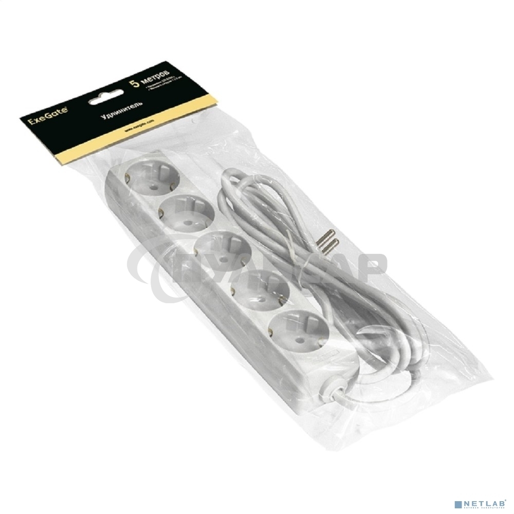 Удлинитель ExeGate ECE-5-5W (EX285827RUS), белый, 5 м, евровилка с заземлением, 5 евророзеток с заземлением, 2200 Вт