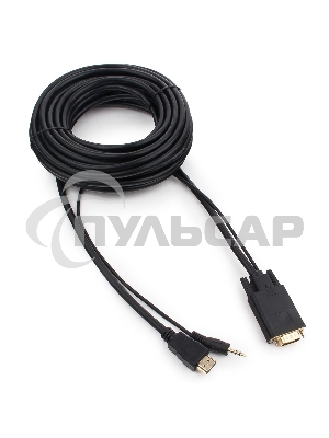 Кабель HDMI->VGA Cablexpert A-HDMI-VGA-03-10M, 19M/15M + 3.5Jack, медь, позол.разъемы, 10м, черный, пакет