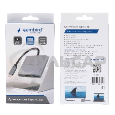 Док-станция Type-C Gembird UHB-D2, 3в1: USB3.1, Type-C PD100W, HDMI, кабель 15см, алюминий