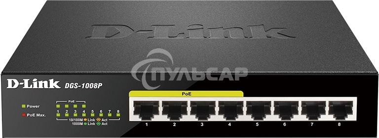 Коммутатор Unmanaged Switch with 8 10/100/1000Base-T ports (4 PoE ports 802.3af/802.3at (30 W), PoE Budget 68).8K Mac address, Auto-sensing, 802.3x Flow Control, Stand-alone, Auto MDI/MDI-X for each port, D-link Green technology, Metal case.Manual + Exter