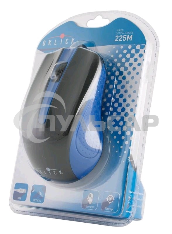 Мышь проводная Oklick 225M черный/синий, 1200 dpi, USB, кнопки - 3