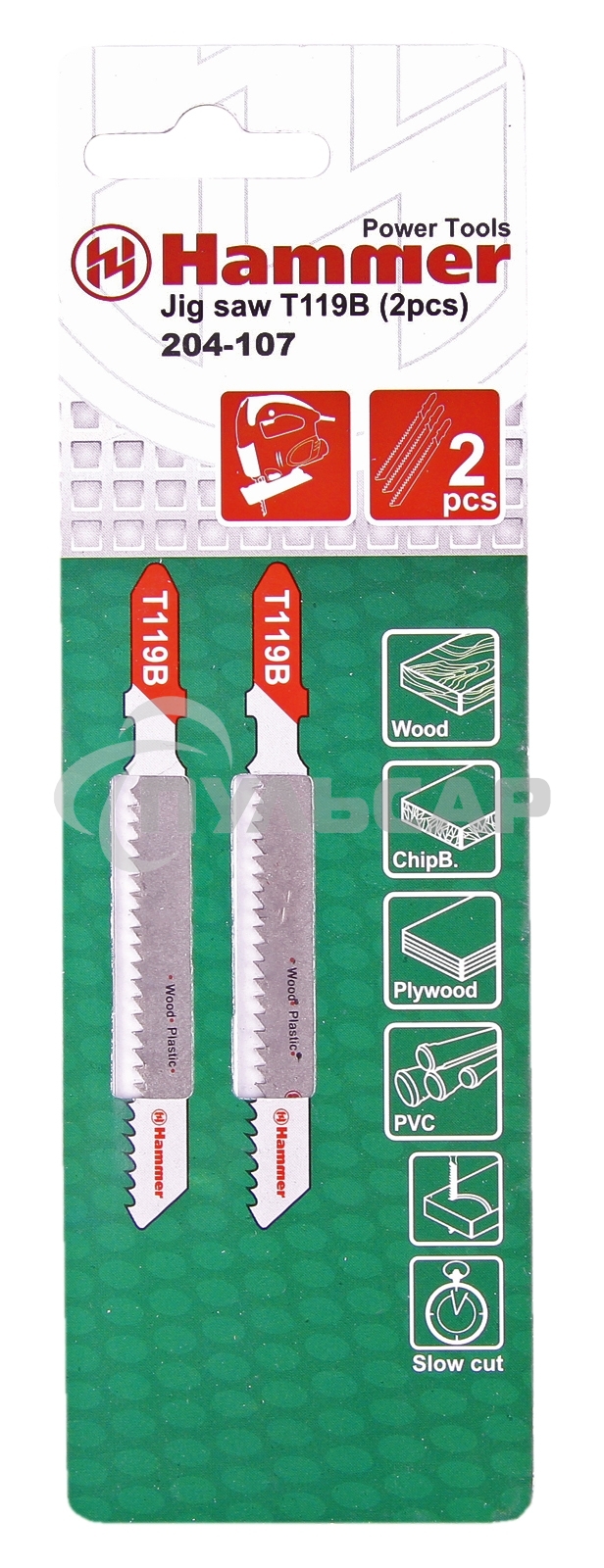 Пилка для лобзика Hammerflex 204-107 JG WD-PL T119B (2pcs) мягк.др\пл, 67мм, шаг 1.9-2.3, HCS, 2шт