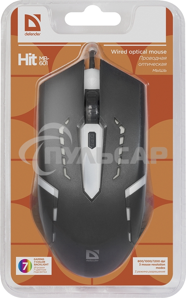 Мышь проводная Defender Hit MB-601 черный, 1200 dpi, USB, кнопки - 4