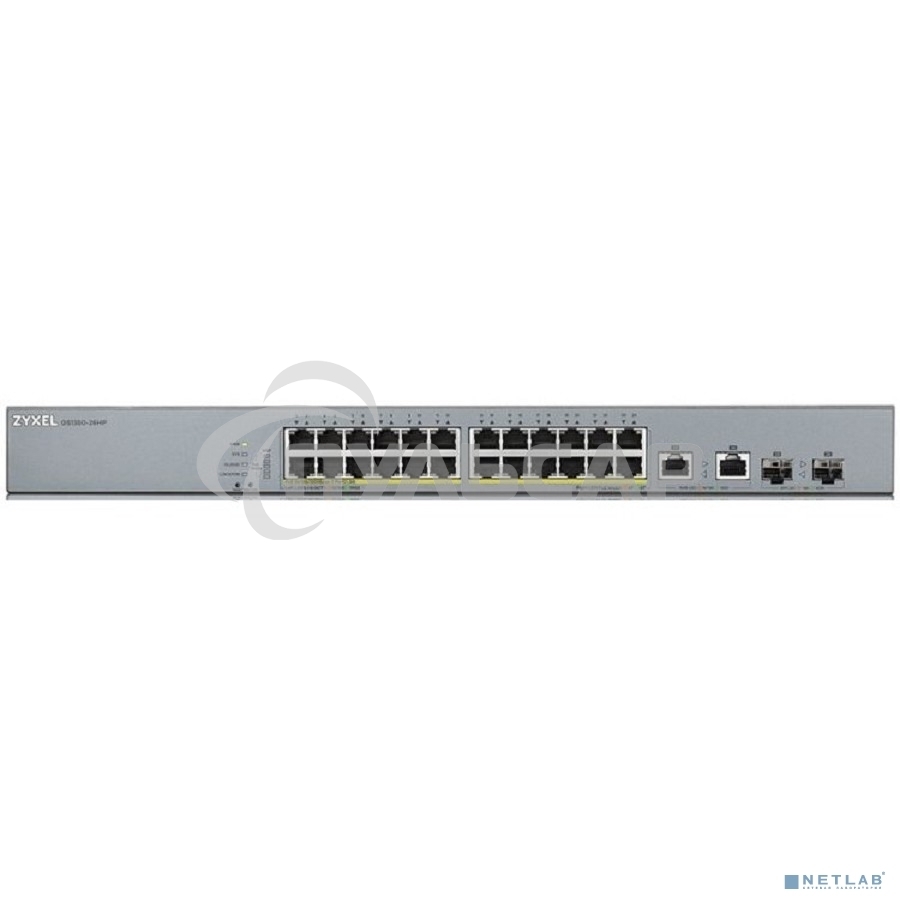 Коммутатор Zyxel GS1350-26HP, 24xGE PoE+, 2xCombo (SFP/RJ-45), бюджет PoE 375 Вт, дальность передачи питания до 250 м, автоперезагрузка PoE-портов, повышенная защита от перенапряжений и электростатических разряд