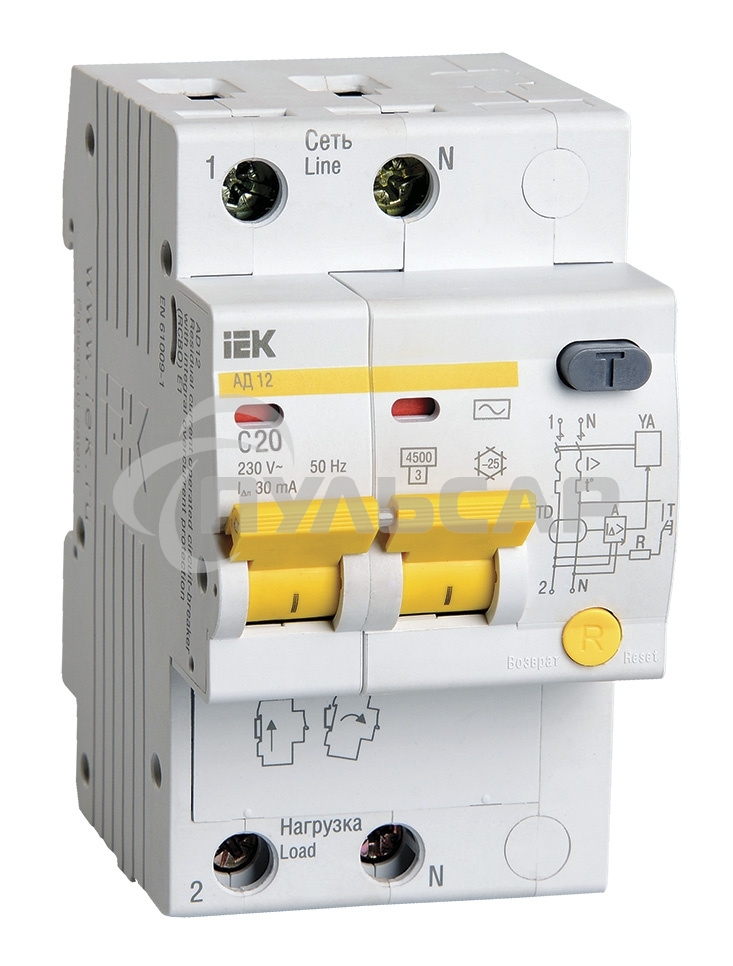 Выключатель автоматический дифференциального тока 2п C 20А 30мА тип AC 4.5кА АД-12 ИЭК MAD10-2-020-C-030