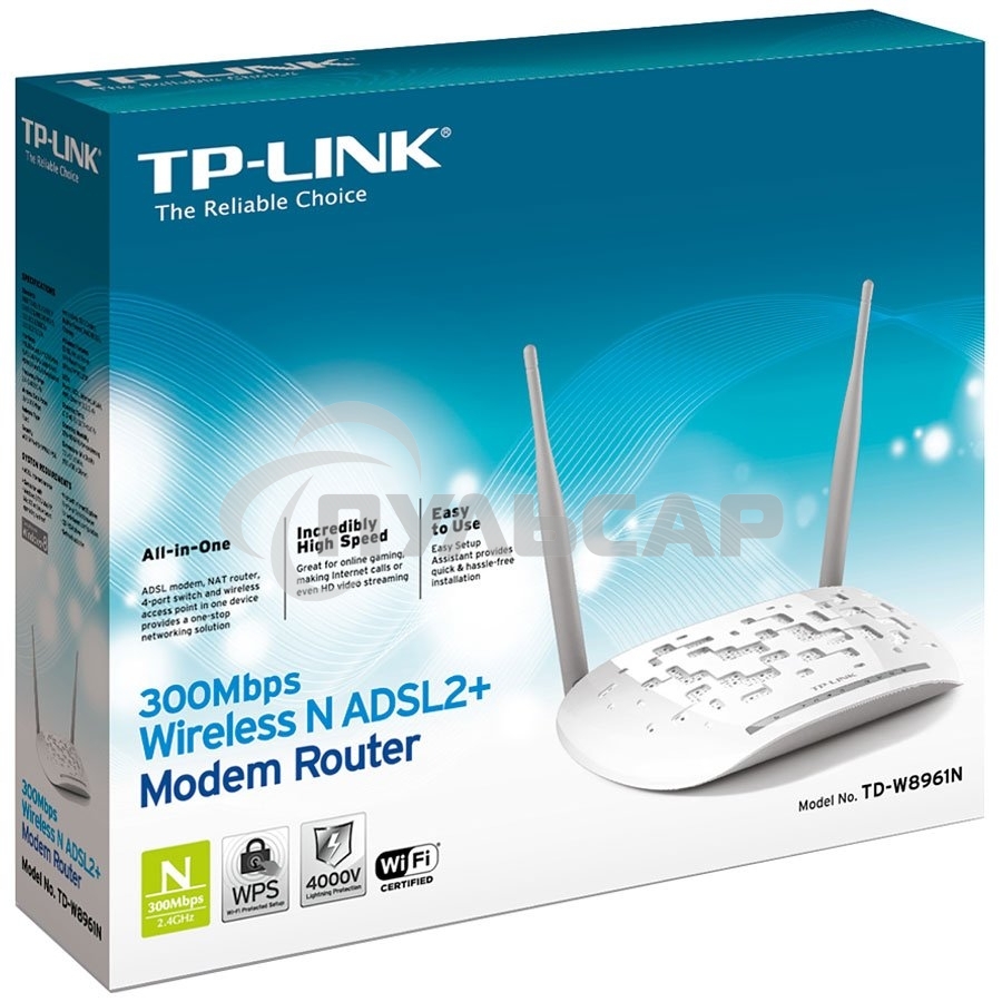 Сетевое оборудование TP-Link SOHO TD-W8961N(RU) 300 Мбит/с, 2T2R, ADSL2/ADSL+, Annex A, 4 порта 100 Мбит/с
