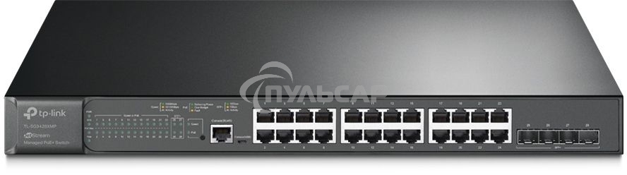Коммутатор TP-Link 24-port Gigabit Managed PoE switch with 4 10G SFP+ ports, support 802.3af/at PoE, 1 console port, 19-inch rack mount, support L2/L2+ features.
