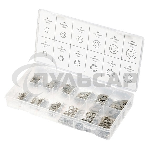 Набор шайб и гроверов СИБРТЕХ, D ш.: 3, 4, 5, 6, 8, 10 мм, D г.: 3, 4, 5, 6, 8, 10 мм, 350 предм. СИБРТЕХ 47614