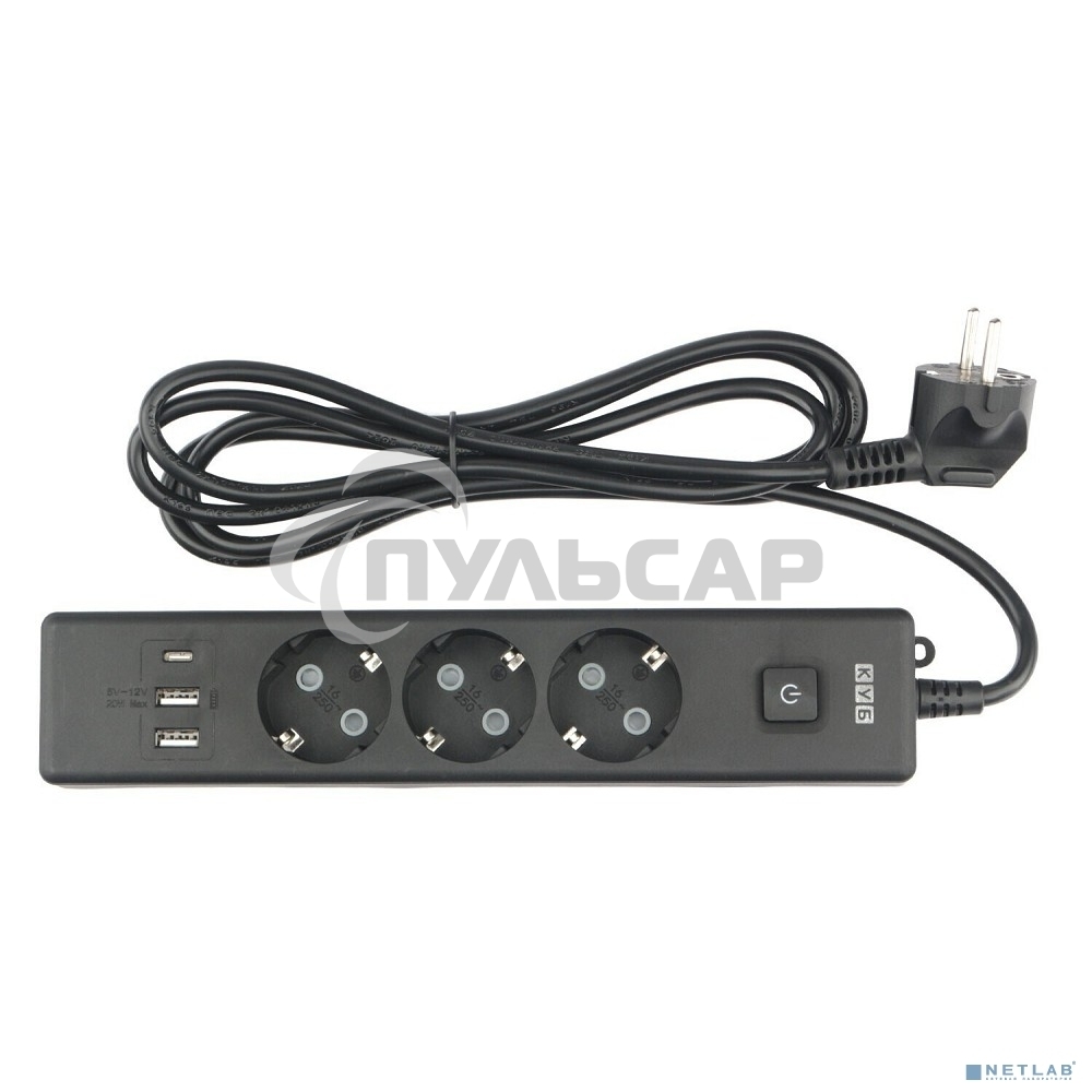 Бытовой удлинитель PowerCube, 3р с/з вык.,3USB, 3500 Вт, 16А, 1.9 м, 3*1,0 черный PC-6B-2M