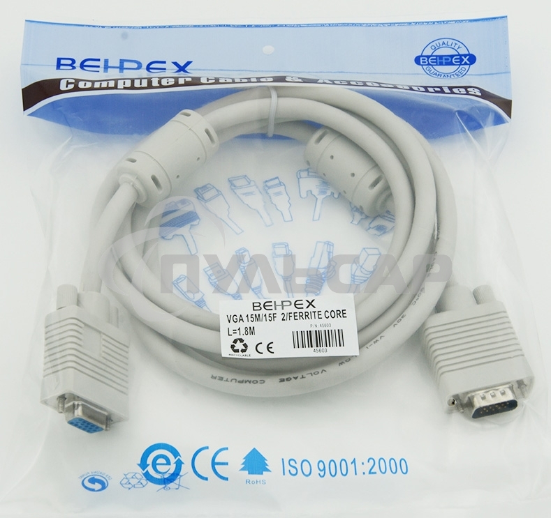 Кабель-удлинитель VGA VGA HD15 (m)/VGA HD15 (f) 1.8м феррит.кольца экран.