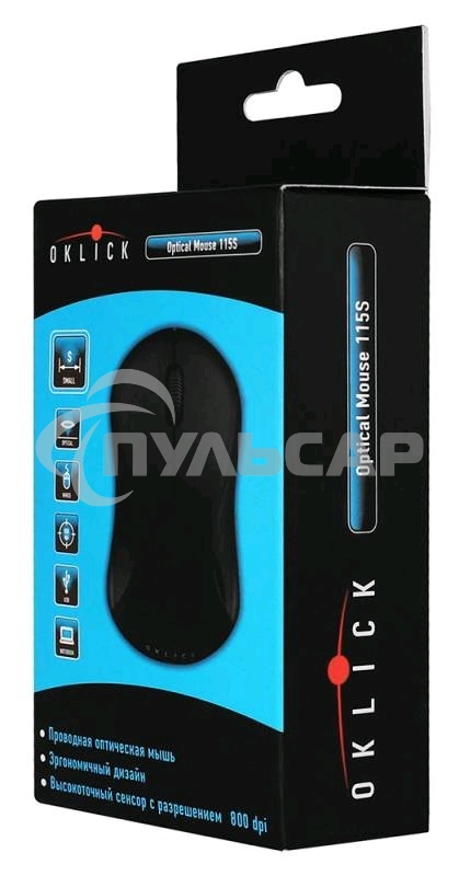 Мышь проводная Oklick 115S черный, 1200 dpi, USB, кнопки - 3