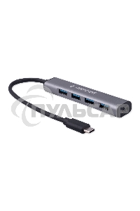 Разветвитель USB3.1 Gembird UHB-C474, 4хUSB, с доп.питанием (порт Type-C), кабель Type-C 19см, алюминий, коробка