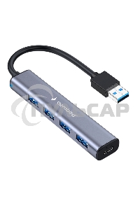 Разветвитель USB3.1 Gembird UHB-C484, 4хUSB, с доп.питанием (порт Type-C), кабель USB 19см, алюминий, коробка