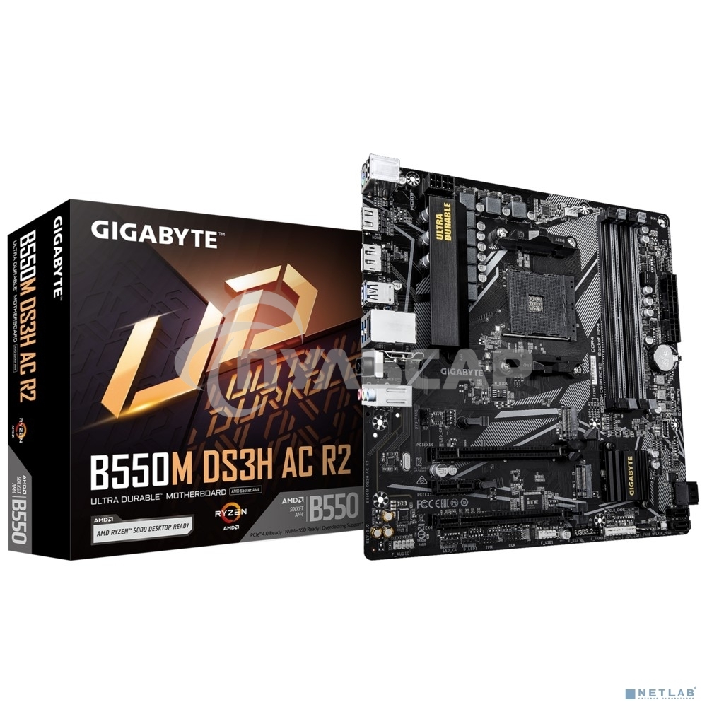 Материнская плата Gigabyte B550M DS3H AC R2, AM4, AMD B550, 4xDDR4, 4xSATA, 2xM.2, 1xPCIe 4.0 x16, 1xPCIe 3.0 x4, 1xPCIe 3.0 x1, 1xDP, 1xHDMI, 1x1Gb LAN, Wi-Fi, Bluetooth 5.0, 4xUSB-A 5Gbps, 2xUSB-A 2.0, 3x3.5 мм, 7.1, mATX