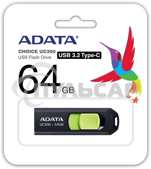 Флешка USB ADATA UC300 (ACHO-UC300-64G-RBK/GN), 64 Gb, Type-C USB 3.2, R/W 100/30, черный/зеленый