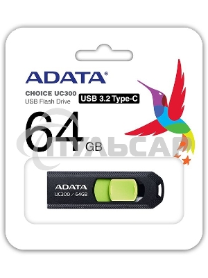 Флешка USB ADATA UC300 (ACHO-UC300-64G-RBK/GN), 64 Gb, Type-C USB 3.2, R/W 100/30, черный/зеленый
