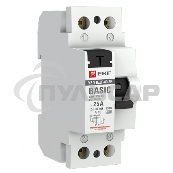 Выключатель дифференциального тока (УЗО) 2п 25А 30мА тип AC Basic (электрон.) EKF elcb-2-25-30e-sim