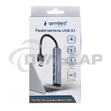 Разветвитель USB3.1 Gembird UHB-C484, 4хUSB, с доп.питанием (порт Type-C), кабель USB 19см, алюминий, коробка