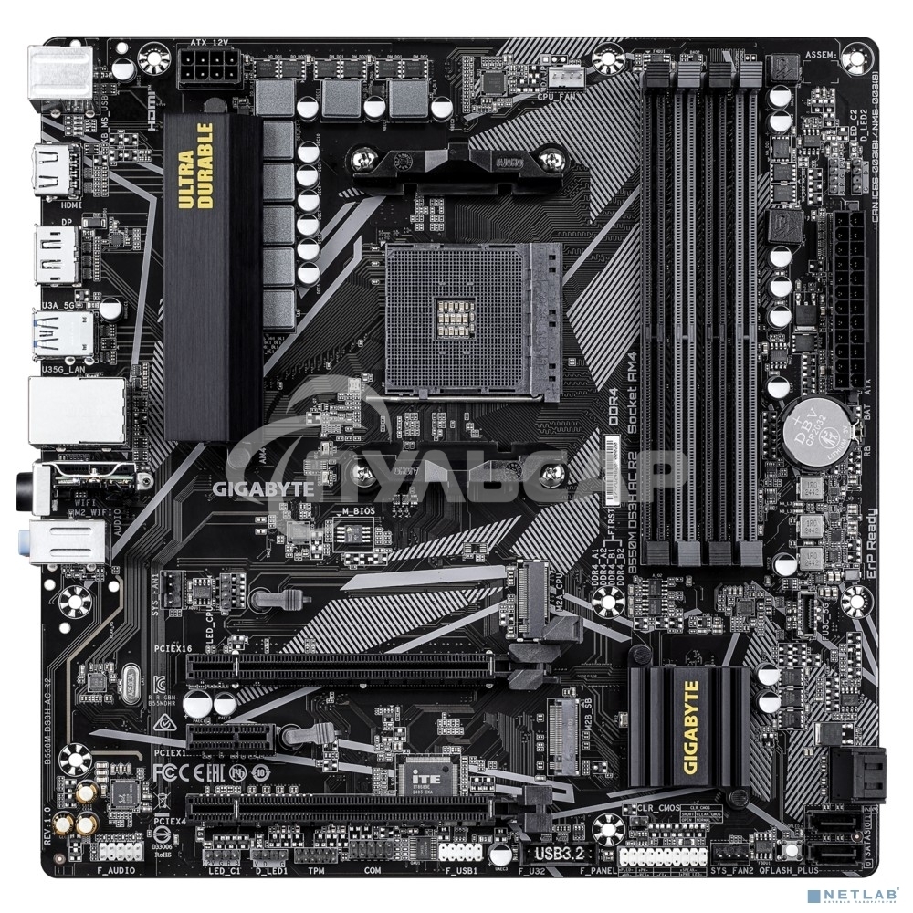 Материнская плата Gigabyte B550M DS3H AC R2, AM4, AMD B550, 4xDDR4, 4xSATA, 2xM.2, 1xPCIe 4.0 x16, 1xPCIe 3.0 x4, 1xPCIe 3.0 x1, 1xDP, 1xHDMI, 1x1Gb LAN, Wi-Fi, Bluetooth 5.0, 4xUSB-A 5Gbps, 2xUSB-A 2.0, 3x3.5 мм, 7.1, mATX
