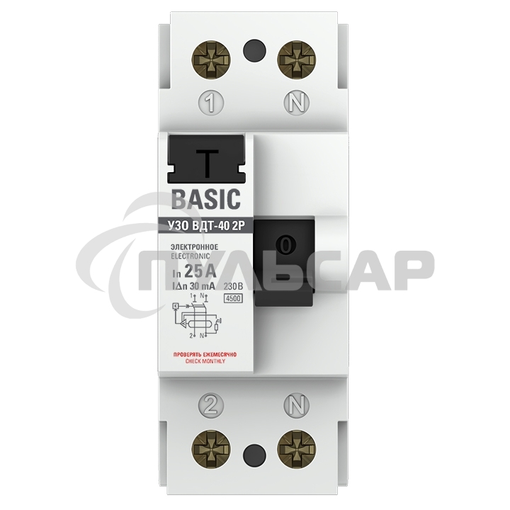 Выключатель дифференциального тока (УЗО) 2п 25А 30мА тип AC Basic (электрон.) EKF elcb-2-25-30e-sim