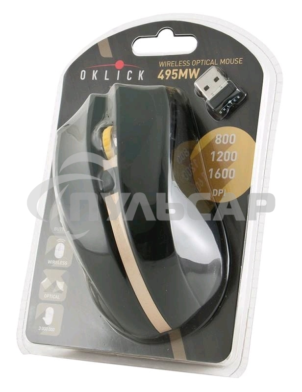 Мышь беспроводная Oklick 495MW черный/золотистый, 1600 dpi, радиоканал, USB, кнопки - 6