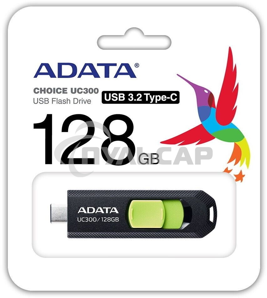 Флешка USB ADATA UC300 (ACHO-UC300-128G-RBK/GN), 128 Gb, Type-C USB 3.2, R/W 100/30, черный/зеленый