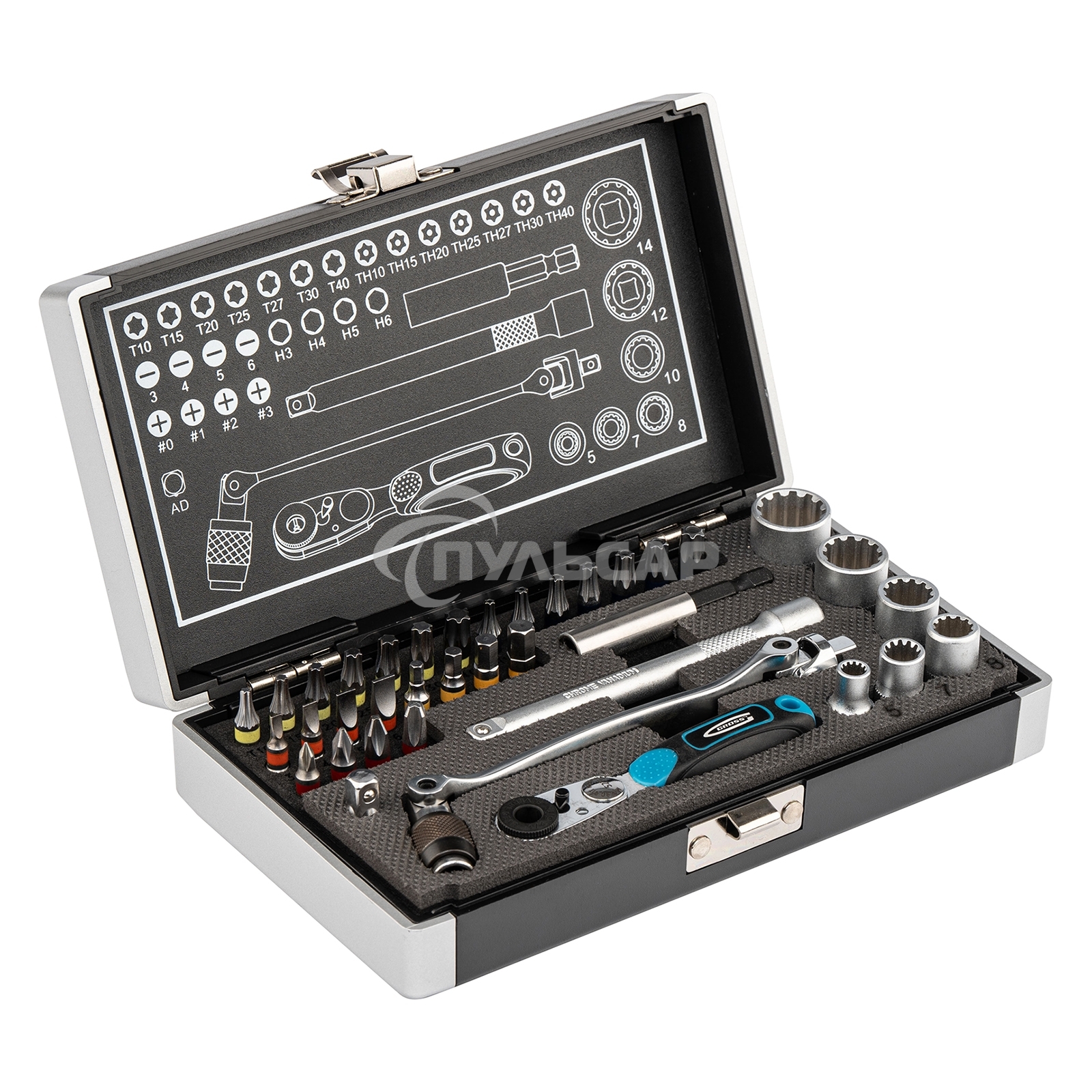 Набор бит GROSS 11625и головок торцевых 1/4'' карданный ключ трещотка адаптер s2 37шт.