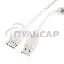 Кабель-удлинитель USB2.0 Pro Cablexpert CCF-USB2-AMAF-TR-6, AM/AF, 1,8м, экран, 2феррит.кольца, прозрачный, пакет