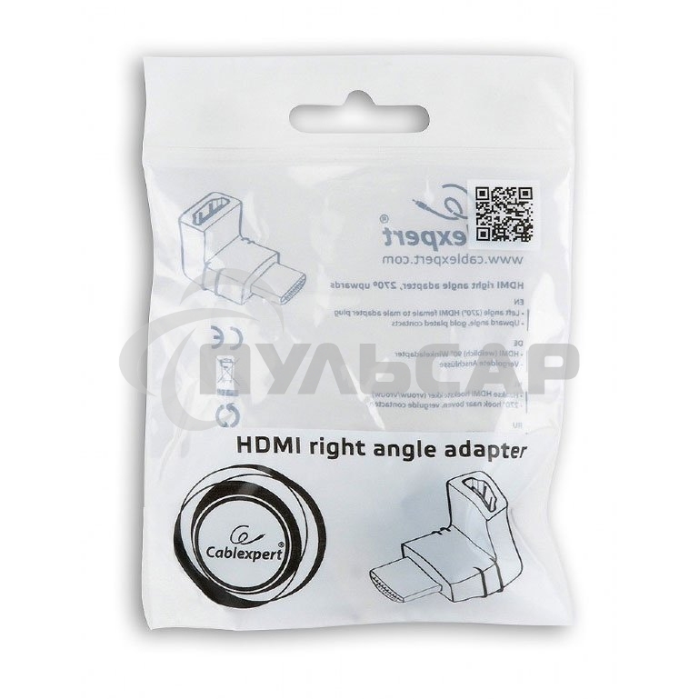 Переходник HDMI-HDMI Cablexpert A-HDMI270-FML, 19F/19M, угловой соединитель 270 градусов, золотые разъемы, пакет