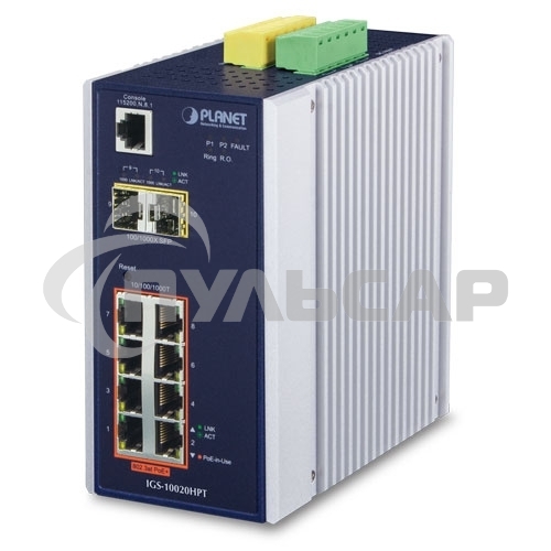 Индустриальный PoE коммутатор IGS-10020HPT для монтажа в DIN-рейку IP30 L2+ SNMP Manageable 8-Port Gigabit POE+(AT) Switch + 2-Port Gigabit SFP Industrial Switch (-40 to 75 C), ERPS Ring Supported, 1588