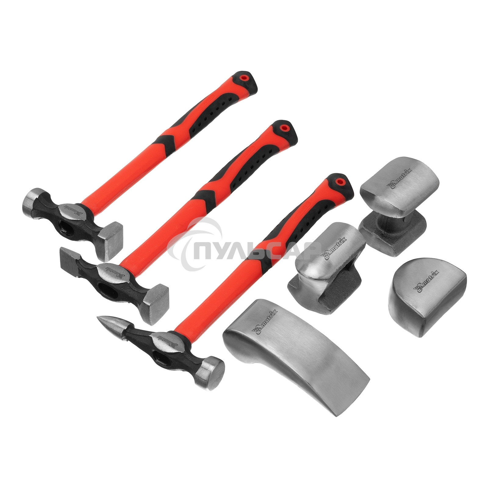 Набор рихтовочный Matrix, 3 молотка с фибергласовыми ручками, 4 наковальни, в пласт. боксе