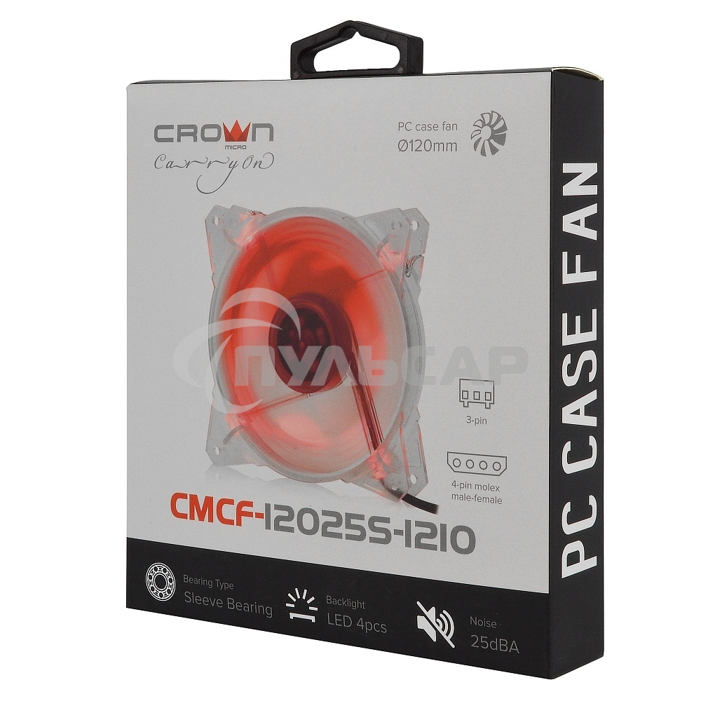 Вентилятор для корпуса Crown CMCF-12025S-1210 прозрачный/красный, 120 мм, 1650 об/мин, 28 дБ, 3 pin