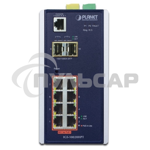 Индустриальный PoE коммутатор IGS-10020HPT для монтажа в DIN-рейку IP30 L2+ SNMP Manageable 8-Port Gigabit POE+(AT) Switch + 2-Port Gigabit SFP Industrial Switch (-40 to 75 C), ERPS Ring Supported, 1588