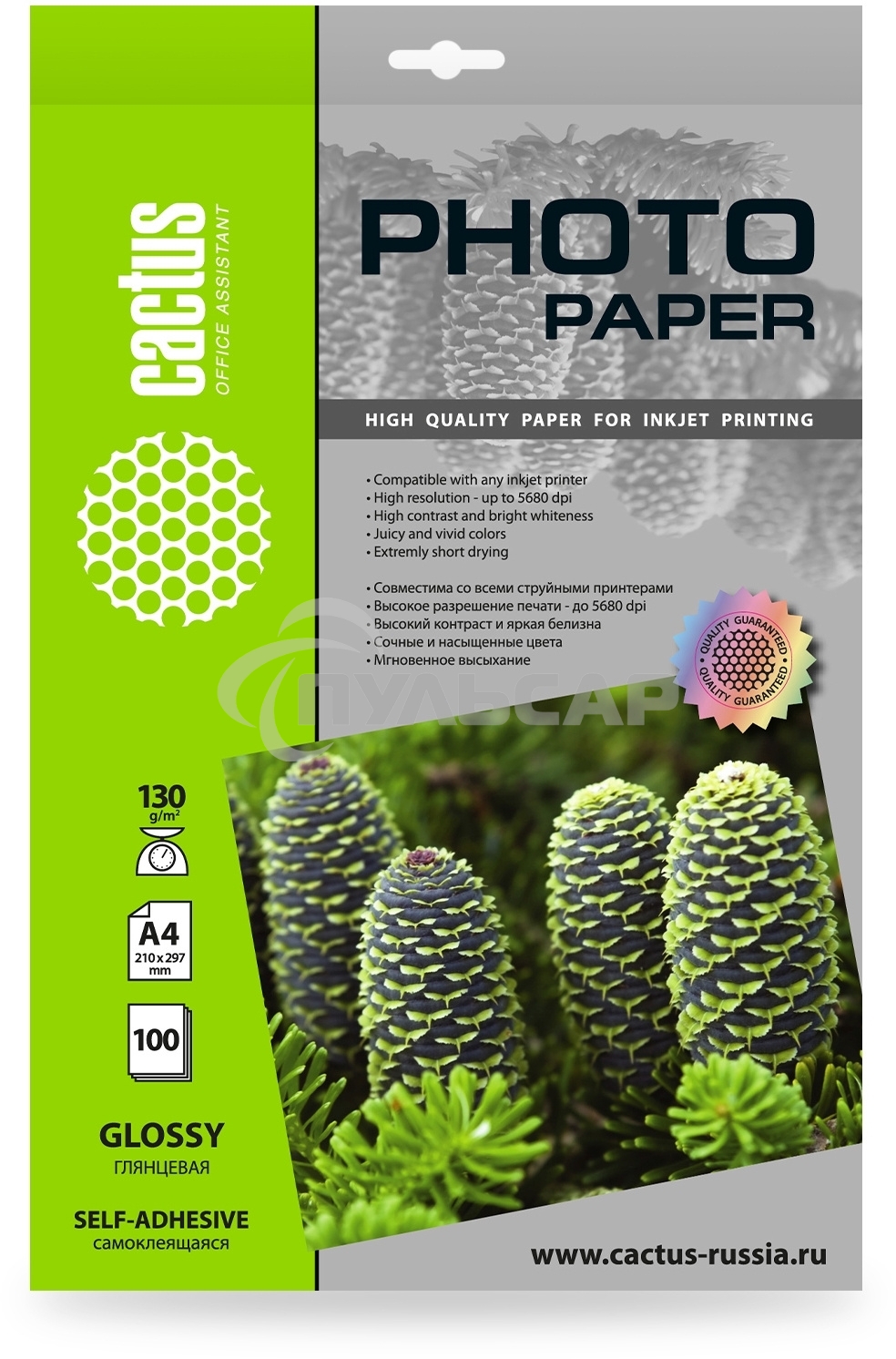 Фотобумага Cactus CS-GSA4130100 A4/130г/м2/100л. глянцевое самоклей. для струйной печати
