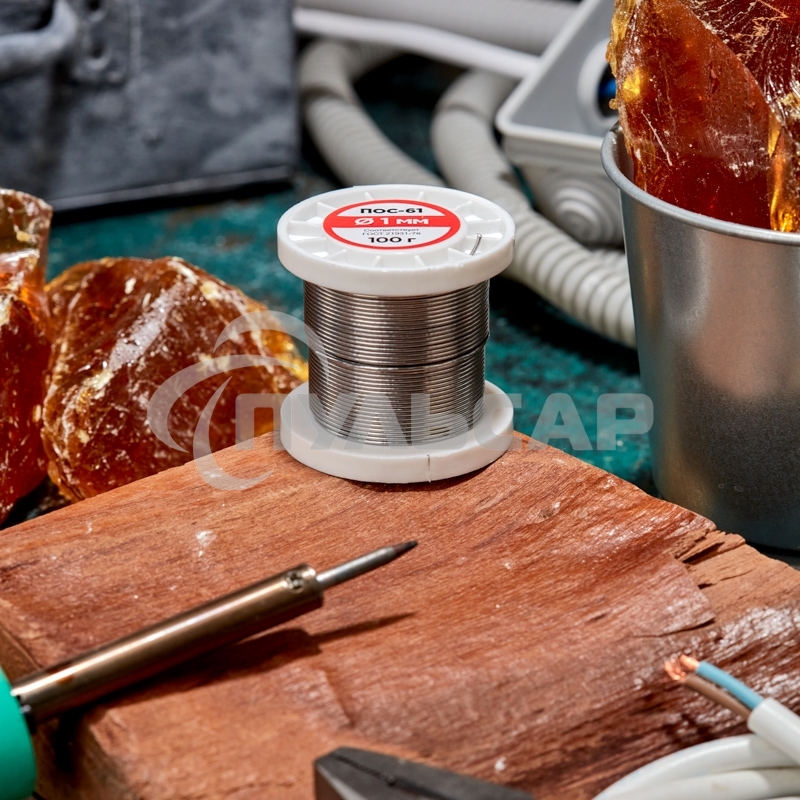 Припой с канифолью ПОС-61, 100г, Ø1мм, (олово 61%, свинец 39%), катушка Rexant