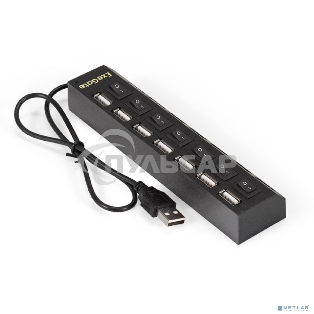 Хаб USB (концентратор) ExeGate EX293978RUS DUB-72SW (кабель-адаптер USB2.0 --> 7xUSB2.0, кнопки включения/отключения для каждого порта, Plug&Play, черный)