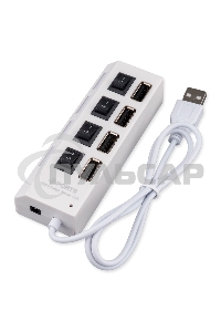 Разветвитель USB2.0 Gembird UHB-243-ADW, 4хUSB, с доп. питанием, подсветка и выключатели, кабель USB 55см, белый, коробка