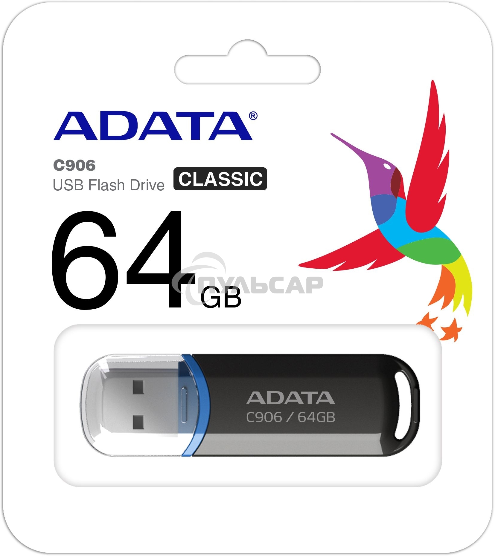 Флешка USB ADATA Classic C906 (AC906-64G-RBK), 64 Gb, USB 2.0, R/W 15/5, черный/синий