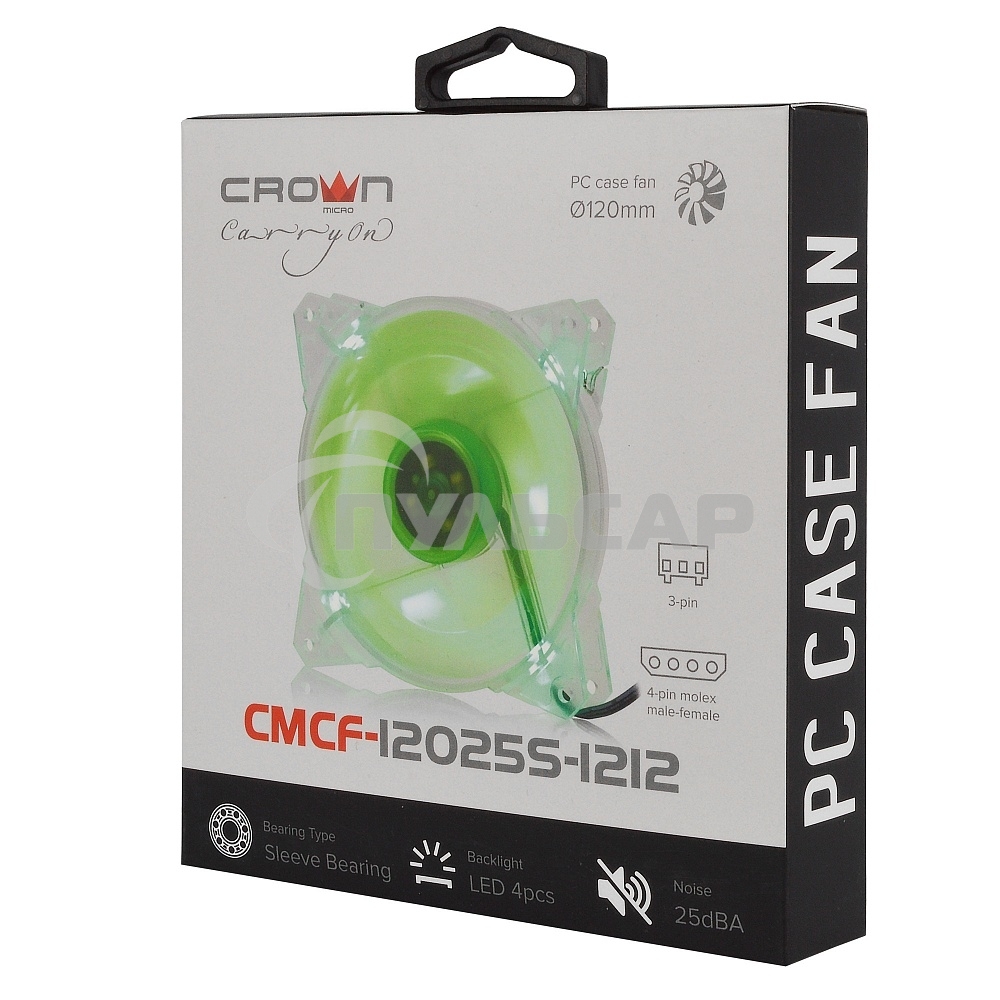 Вентилятор для корпуса Crown CMCF-12025S-1212 прозрачный/зеленый, 120 мм, 1650 об/мин, 28 дБ, 3 pin