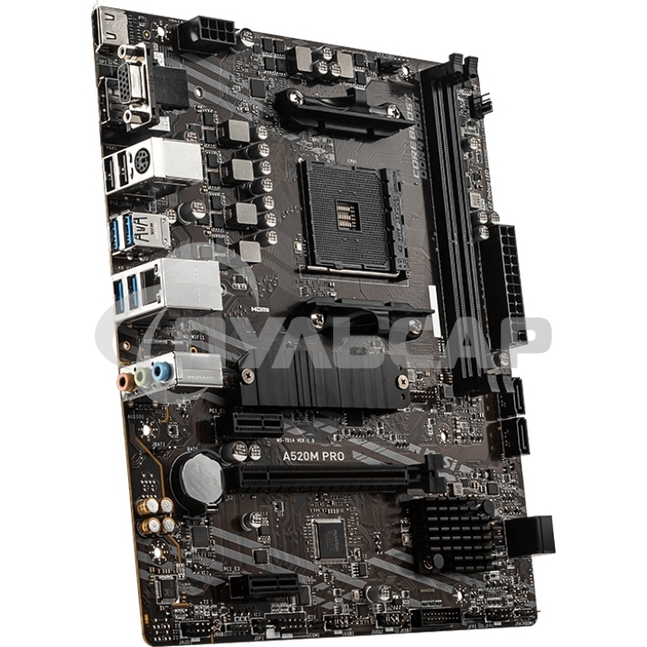 Материнская плата MSI A520M PRO, AM4, AMD A520, 2xDDR4, 4xSATA, 1xM.2, 1xPCIe 3.0 x16, 1xVGA, 1xDVI-D, 1xHDMI, 1x 1Gb LAN, 2xUSB 2.0, 4xUSB 3.2 Gen 1, 3x3.5 мм, 7.1, mATX
