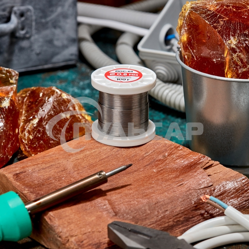 Припой с канифолью ПОС-61, 100г, Ø0,8мм, (олово 61%, свинец 39%), катушка Rexant