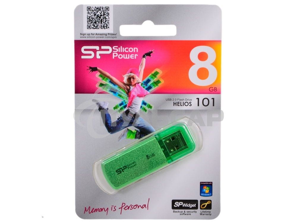 Флешка USB R/W Silicon Power R/W 8Gb Helios 101 SP008Gb,UF2101V1N USB 2.0 зеленый