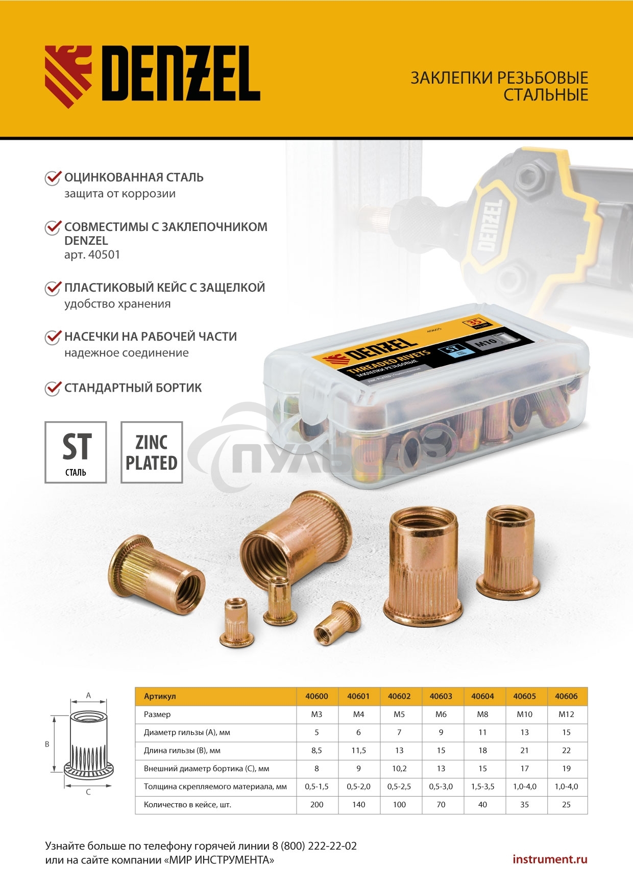 Заклепки резьбовые Denzel стальные, оцинкованные, М12, пластиковый кейс, 25 шт.