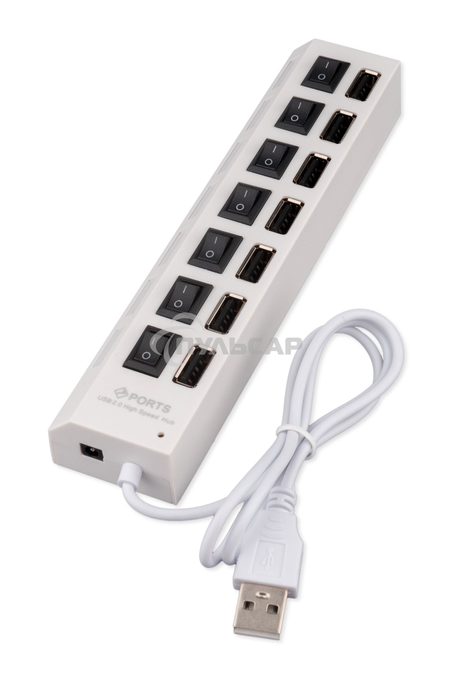 Разветвитель USB2.0 Gembird UHB-U2P7-01W, 7хUSB, с доп. питанием, подсветка и выключатели, кабель USB 55см, белый, коробка