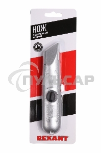 Нож с трапециевидным выдвижным лезвием Rexant 12-4908, винтовой фиксатор лезвия