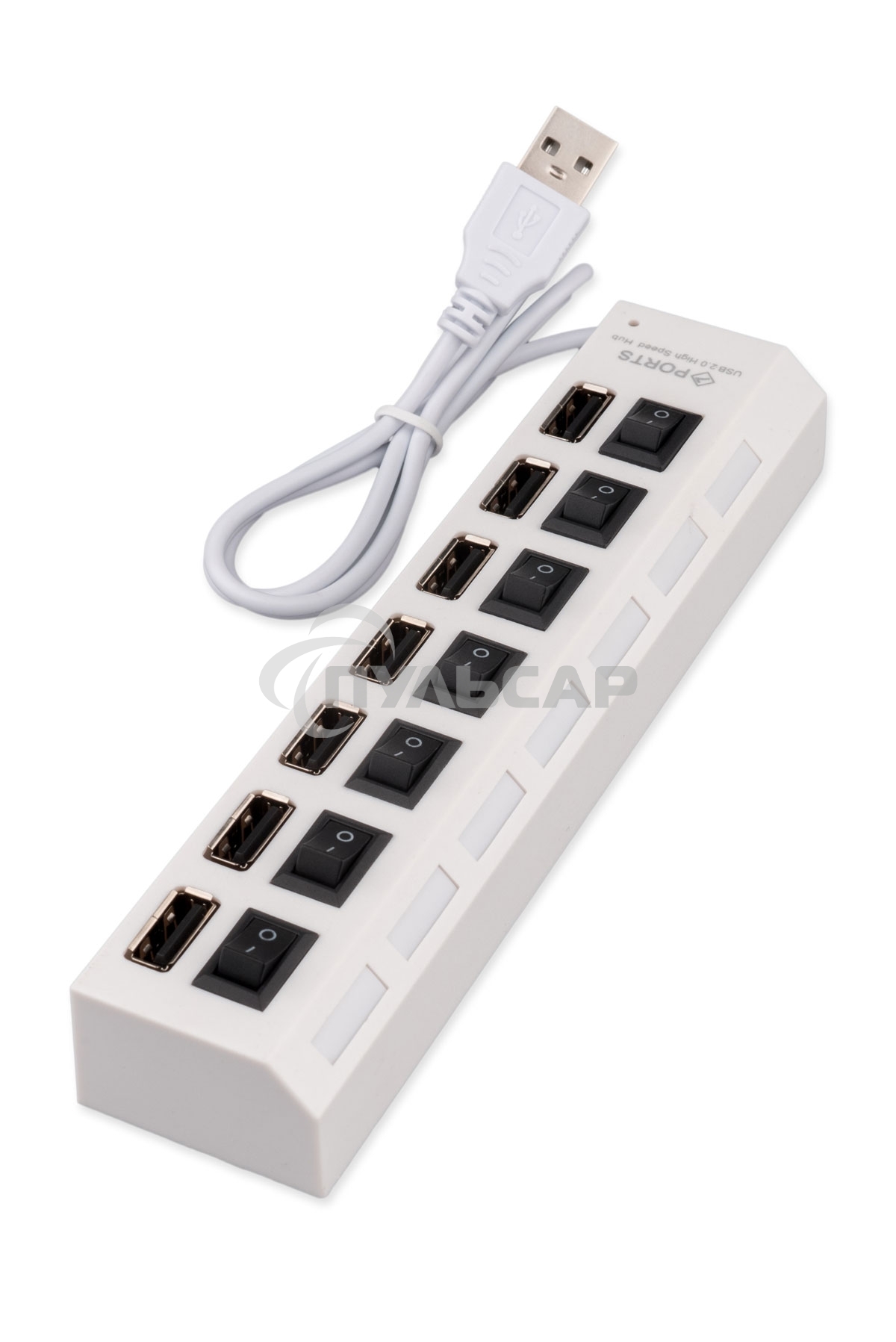 Разветвитель USB2.0 Gembird UHB-U2P7-01W, 7хUSB, с доп. питанием, подсветка и выключатели, кабель USB 55см, белый, коробка