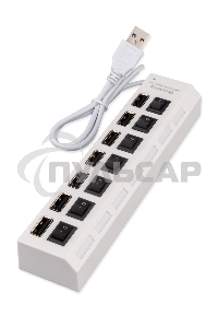 Разветвитель USB2.0 Gembird UHB-U2P7-01W, 7хUSB, с доп. питанием, подсветка и выключатели, кабель USB 55см, белый, коробка