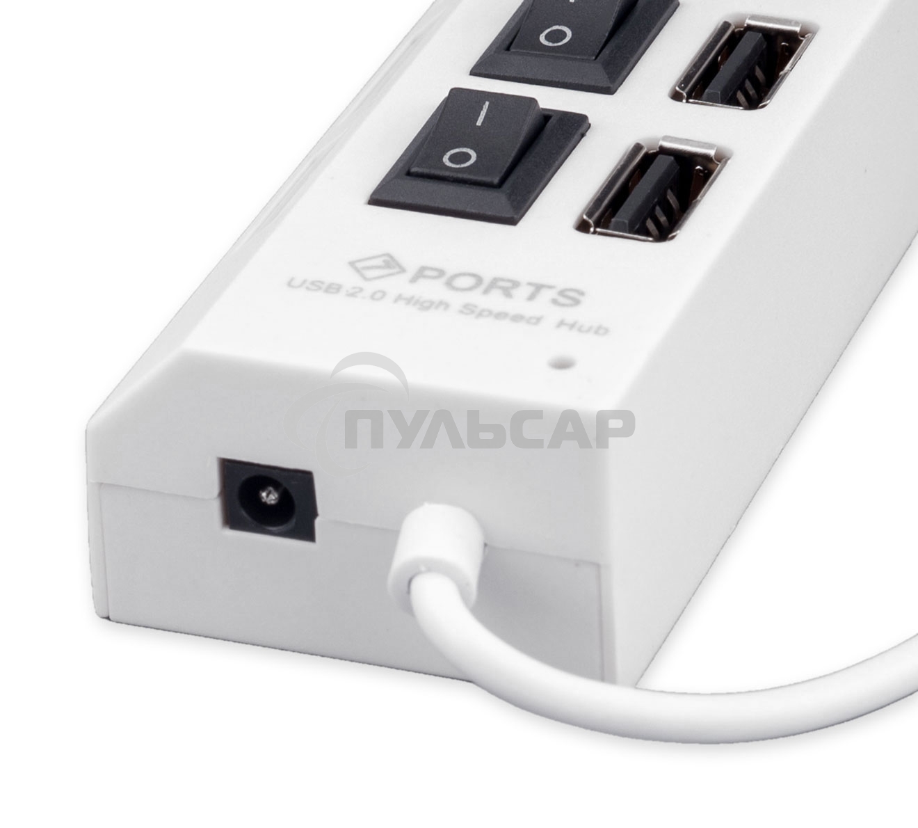 Разветвитель USB2.0 Gembird UHB-U2P7-01W, 7хUSB, с доп. питанием, подсветка и выключатели, кабель USB 55см, белый, коробка